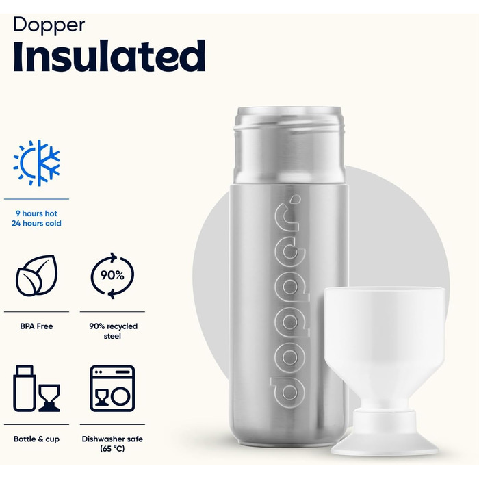 Dopper 580ml Insulated Stainless Steel Thermos Bottle - Leakproof, Keeps Drinks Cold for 24h/Hot for 9h - Silver