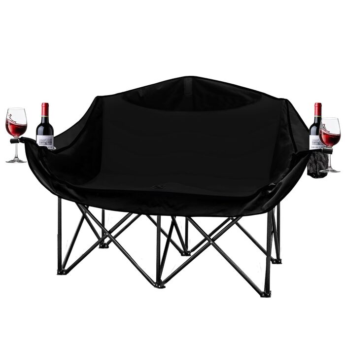 Кампанінг стілець подвійний великий з підлокітниками та підсклянником, складаний для 2 осіб, чорний - для кемпінгу та відпочинку на природі