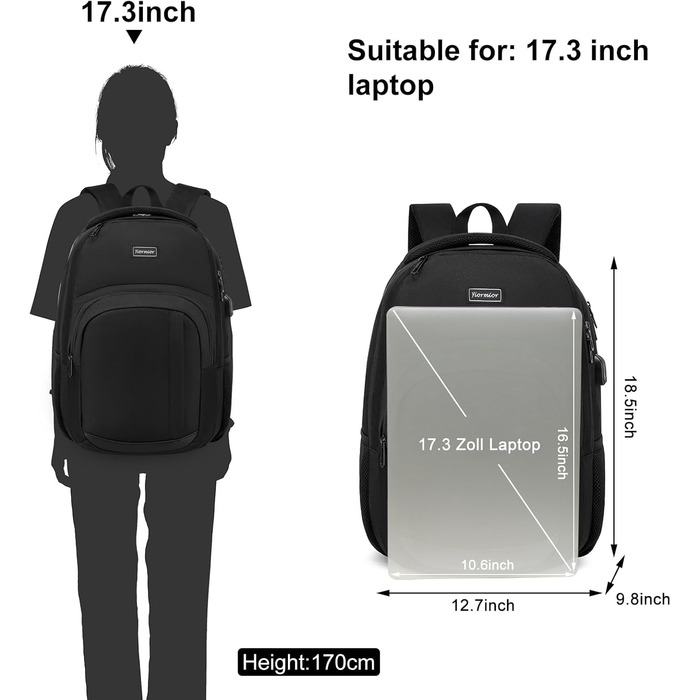 Рюкзак YIORMIOR для підлітків, чоловіків та жінок, 35L, USB-порт, для ноутбука 15.6-17.3 дюйма (Чорний)