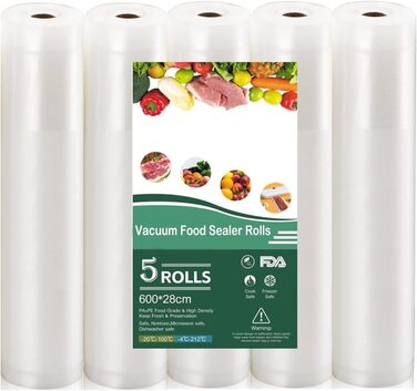 Vacuum Rolls, 5 Rolls, 28x600cm, Reusable BPA-Free Vacuum Sealer Rolls for Vacuum Sealers & Food Vacuum Machine, Suitable for Vacuum Sealers and Foil Sealing Devices