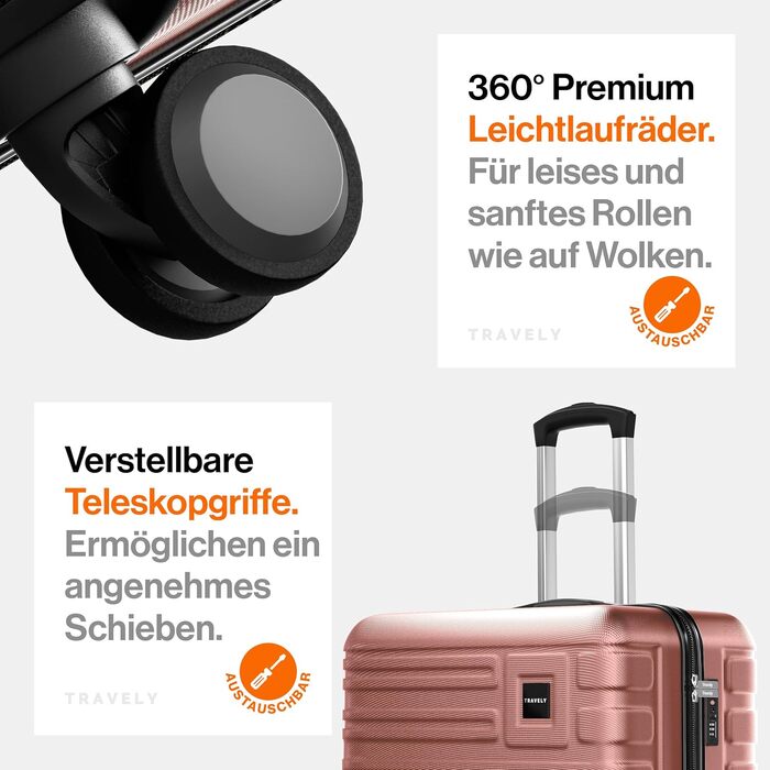 Набір валіз Travely з полікарбонату: 77см, 67см, ручна поклажа, TSA-замок, рожеве золото
