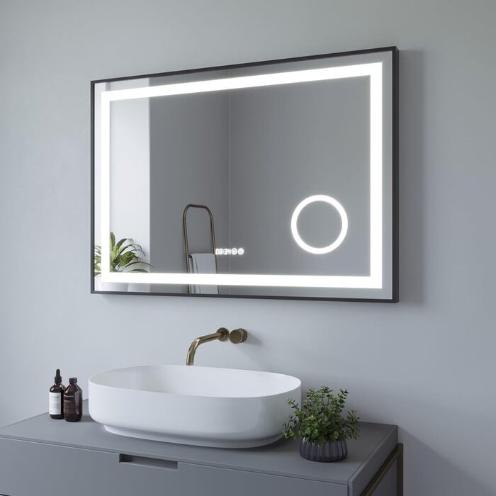 Дзеркало для ванної кімнати AQUABATOS з підсвічуванням 100x70 см LED, антизапар, сенсорне керування, 3 кольори світла, регулювання яскравості