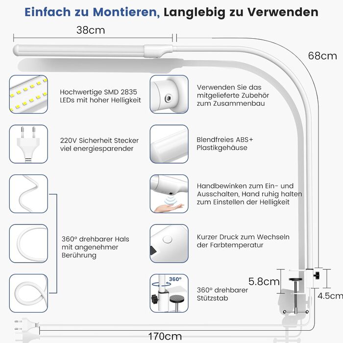 LED настільна лампа SIBI LIGHTING з жестами, 7W, 38 см, регульована яскравість, для роботи, навчання, ігор, білий
