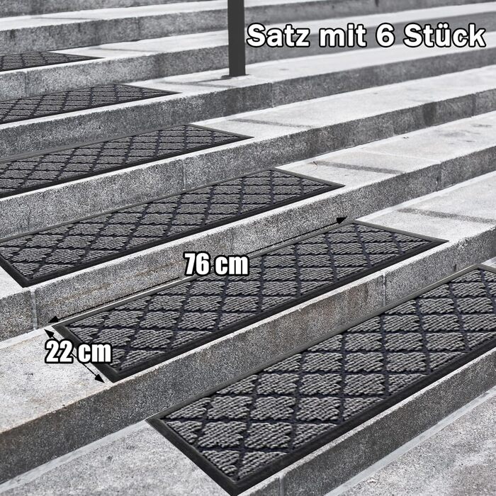 Гумові килимки на сходи зовнішні Aucuda, 6 шт., 76x22 см, сірі, антиковзкі, вологостійкі, теплоізоляційні для вулиці