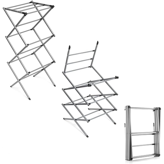 InnovaGoods - Folding and Extendable Metal Clothes Rack, 3 Height Levels, 11 Rods, Waterproof, Lightweight, Tool-Free Assembly, Iron, Silver, Size A