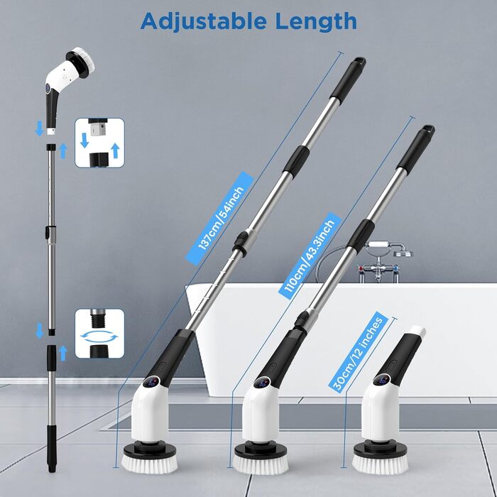 Coovee Electric Cleaning Brush, 2024 New Voice Prompt Spin Scrubber with 8 Drill Brush Heads, THREE Adjustable Speeds, Extendable to 137cm Handle for Bathroom Kitchen Car Floor