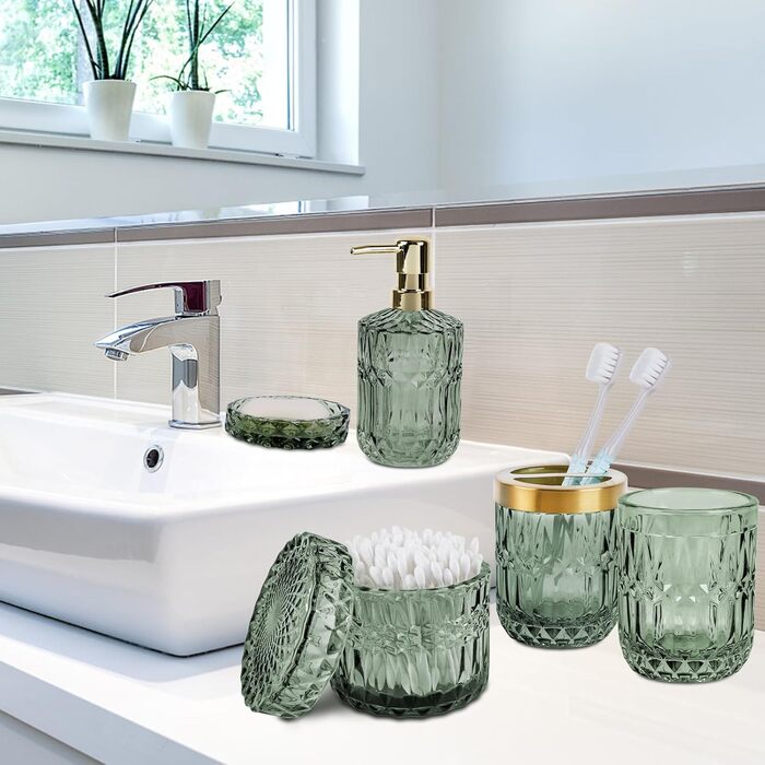 Набір аксесуарів для ванної кімнати NZZVNZ, 5 шт. - зелене скло, набір мильниць, дозатор мила, тримач для зубних щіток, контейнер для ватних паличок, склянка, декор для ванної кімнати, вінтажний подарунок
