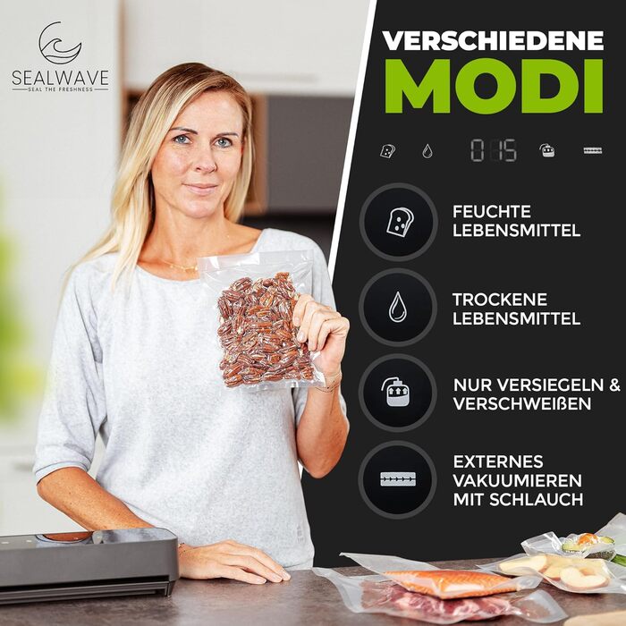 Вакуумний пакувальник SEALWAVE для продуктів харчування: потужний, широкий зварювальний шов, тихий та ефективний, універсальний (для вологих та сухих продуктів), легке очищення, з 10 безкоштовними пакетами