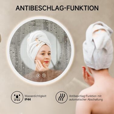 Дзеркало для ванної кімнати YOLEO кругле з підсвічуванням, 60 см, з сенсорним вимикачем, захисне скло, 3 кольори світла, регулювання яскравості, 6500K (50x50 см)