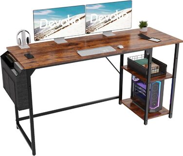 Devoko 140cm Computer Desk with Reversible Shelf, Small Desk with Headphone Hooks, Small Computer Desk for Home Office, Small Office Desk for Home Office, Vintage Brown 140 x 50 cm Vintage Brown