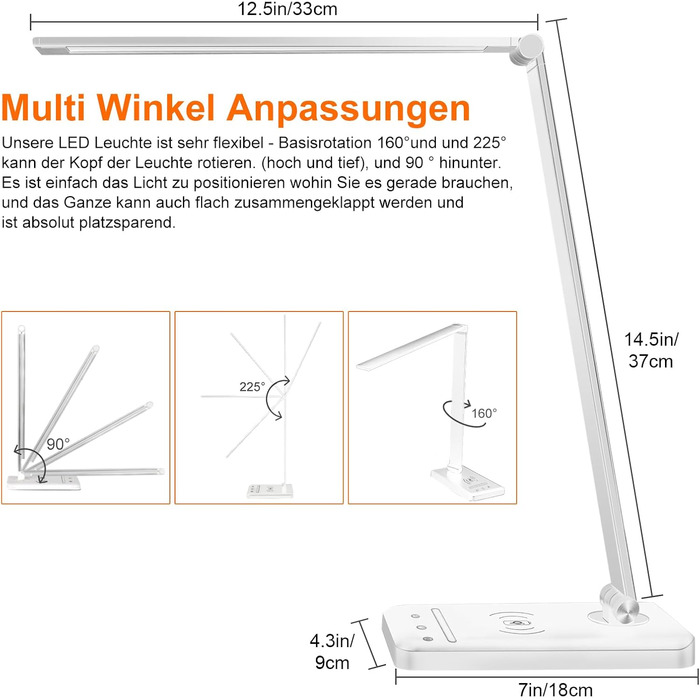 LED настільна лампа Weareok з регулюванням яскравості, захистом для очей, бездротовою зарядкою Qi та USB-портом, білий колір