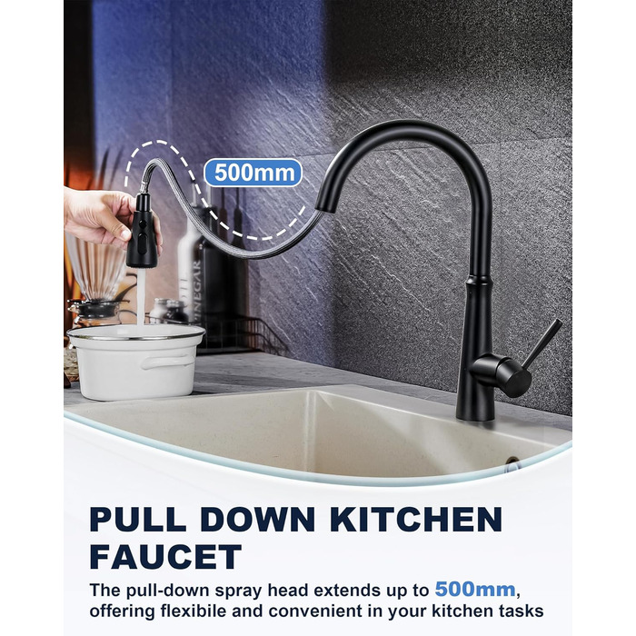 Кран кухонний iVIGA висувний з душем, водоспад, 360° поворот, мікшер, 3 режими, брашований нікель