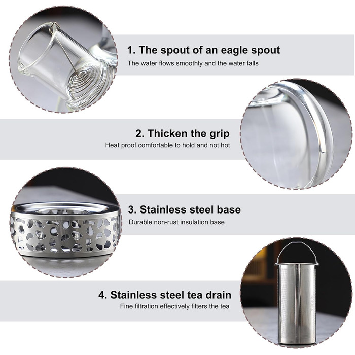 Скляний чайник з боросилікатного скла 1.5л з ситечком, підставкою для підігріву та кришкою — термостійкий чайник для листового, фруктового та пакетованого чаю, придатний для посудомийки