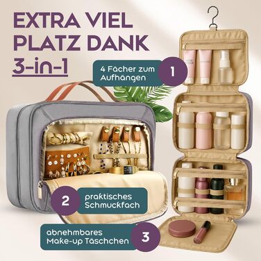 Косметичка для жінок велика 3-в-1 з гачком для підвішування, 4 відділення, відділення для прикрас та косметичка – практична дорожня косметичка сірого кольору