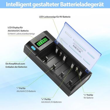 Зарядний пристрій ENEGON для акумуляторів AA/AAA/C/D/9V NiMH/NiCD з LCD дисплеєм та функцією розряду – 4 слоти, чорний