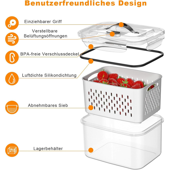 4-Pack Refrigerator Organizer – Vegetable Storage & Organization, stackable with strainer, lid and handle for the kitchen – Fridge Organizer for refrigerator storage