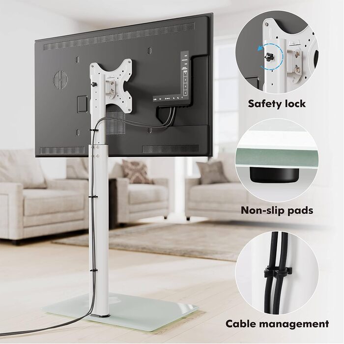 FITUEYES Adjustable TV Stand - Swivel & Tilt Floor Stand for 19-42 inch Flat & Curved TVs up to 35kg, VESA 200x200 - White