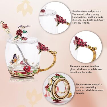 Enamel Butterfly Flower Tea Cup Sets with Spoon and Lid, Glass Coffee Mugs, Wedding Birthday, Valentine's Day, Christmas, Gift for Women Wife Friend (Pink)