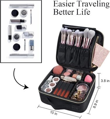 Косметичка для макіяжу та косметики, органайзер для подорожей, чорна. З ручкою та регульованими перегородками