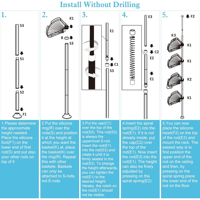 DUFU Поличка для душу та ванни кутова металева з 4 кошиками, регульована висота 73-265 см, чорна