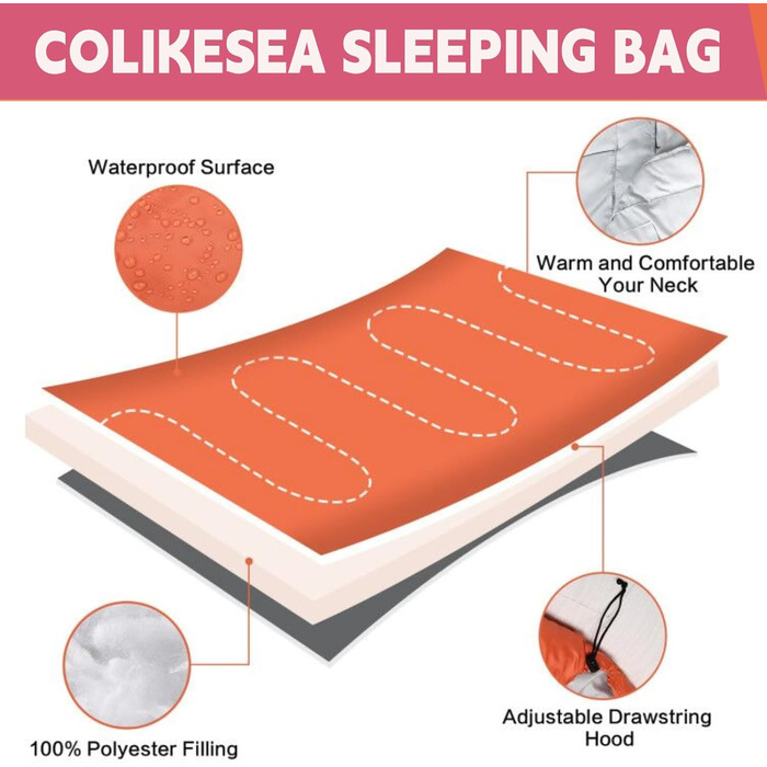 Сплячі мішки Colikesea для дорослих, підлітків та дітей – 3-4 сезони, теплий та холодний клімат, легкі, водонепроникні, для подорожей, хайкінгу та кемпінгу, фіолетовий колір, блискавка справа (одинарний)