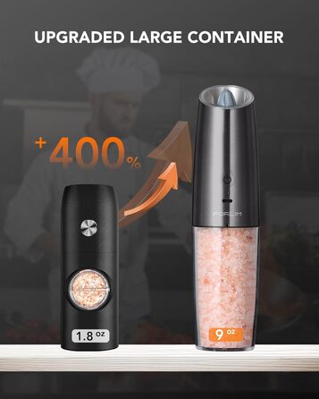 Електрична млинок для перцю та солі FORLIM з USB-зарядкою, 9oz, нержавіюча сталь, світлодіод, автоматичне помел, регулювання помолу, гравітаційний, металевий колір Gunmetal, набір