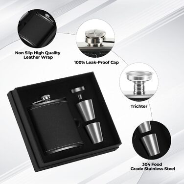 Фляга Vasmeiy з нержавіючої сталі, 227мл, чорна, полірована, для алкоголю, компактний набір для стильного відпочинку