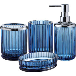 4-Piece Glass Bathroom Accessories Set with Decorative Embossed Pattern, including Hand Soap Dispenser, Cup, Soap Dish, and Toothbrush Holder, Blue-Green (Blue)