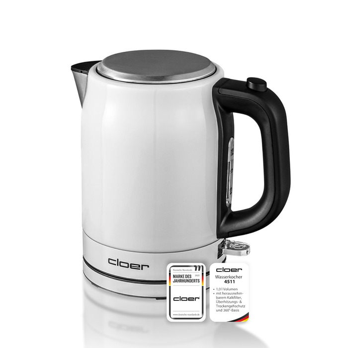 Електричний чайник Cloer 4511 з нержавіючої сталі, 2200 Вт, білий, 1 літр