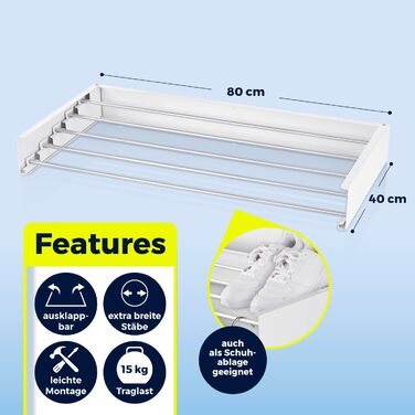 Сушарка для одягу EASYmaxx Wandwäschetrockner 400 на стіну – компактна та висувна, 80 x 40 x 10,5 см, 4 м довжини сушіння. Підходить для сушіння одягу в приміщенні та на вулиці без електроенергії.