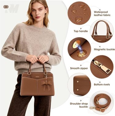 Сумка жіноча RAINSMORE середнього розміру з PU шкіри, коричнева: сумка-тоут, сумка на плече, сумка через плече