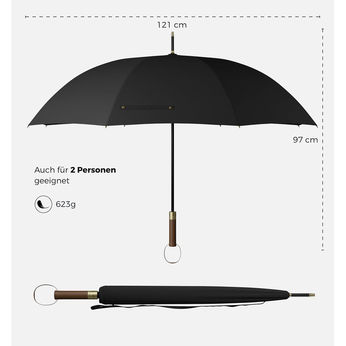 Sapor Design Umbrella Stick Umbrella Stormproof Auto-Open Windproof | XXL Large & Stable for 2 People Men & Women | Golf Umbrella Travel – 123 cm Ø Elegant Black - Modern