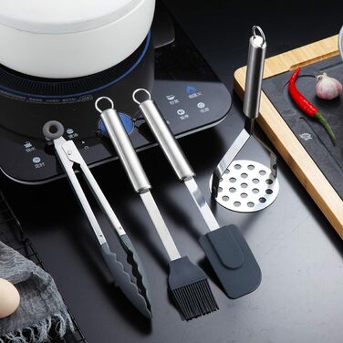 Набір посуду Berglander 7 предметів з нержавіючої сталі, з підставкою, набір ложок, шумовка, половник, ложка для сервірування, сервер для пасти, подрібнювач картоплі (Kt19a-12)