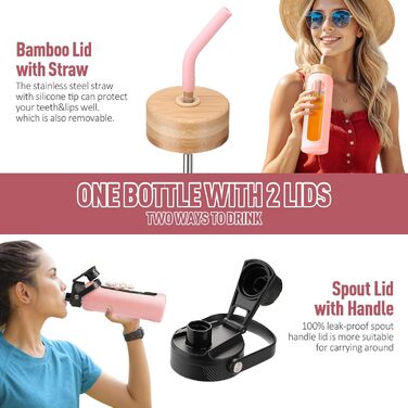 BLUEGO Glass Water Bottle - Sport Water Bottle with 2 Lids and Straw Leak-Proof Glass Bottle with Time Marker and Measuring Scale BPA Free, (Pink, 700ml)