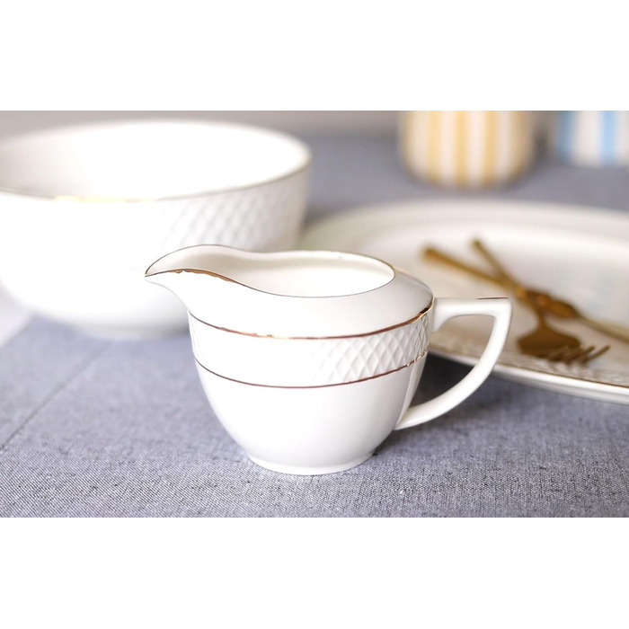 Wilmax Sugar Bowl + Milk Jug Set - 2-Piece - Porcelain Milk & Sugar Containers with Gold Pattern - White - Sugar Dispenser with Lid - Coffee Service for Milk Coffee Tea