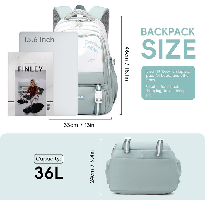Шкільний рюкзак для підлітка, 36L, для дівчаток 3-9 клас, великий стильний рюкзак для ноутбука 16 дюймів, повсякденний, сумісний з візком (світло-блакитний)