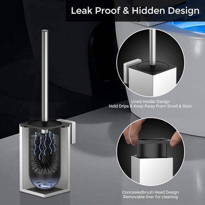 Набір для чищення унітазу WAVEWO з кріпленням на стіну, силіконова щітка та тримач, квадратна щітка з нержавіючої сталі 304, 2 насадки (срібна)