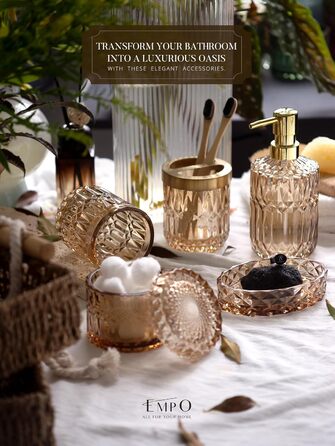 EMPO 6-Piece Clear Glass Bathroom Accessories Set (Lotion-Soap Dispenser, Soap Dish, Toothbrush Holder, Cup, Cotton Swab Holder), Modern Decoration, Crystal Vintage Gift (Oceanente) (6 Pieces Brown)