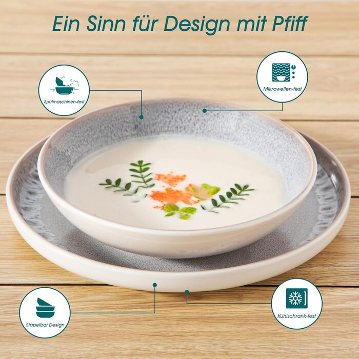 Набір посуду на 6 осіб vancasso SNOW, 24 елементи: тарілки, супові тарілки, миски, салатники, бежевий, для посудомийної машини, для мікрохвильової печі