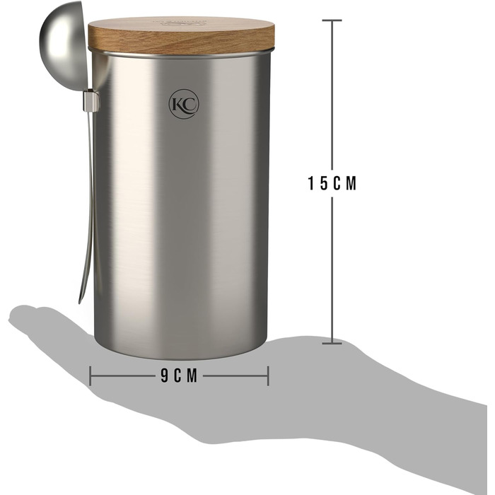Контейнер для кави KC Kitchen & Co. з ложкою, 700 мл, срібляний, для кавових зерен, чаю, цукру, спецій (з повітряно-щільним акційним кришкою)