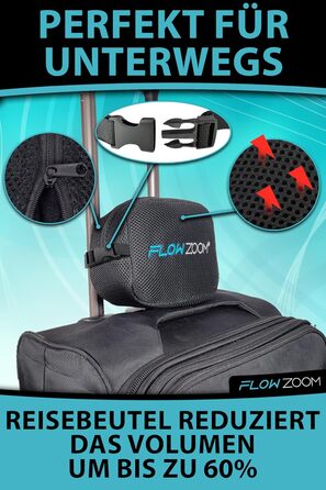 Подушка для шиї FLOWZOOM Comfy для подорожей: регульована, з memory foam, для автомобіля та літака, 360° підтримка, дихаючий чохол, з транспортним мішечком, сіра (Dream - чорна)
