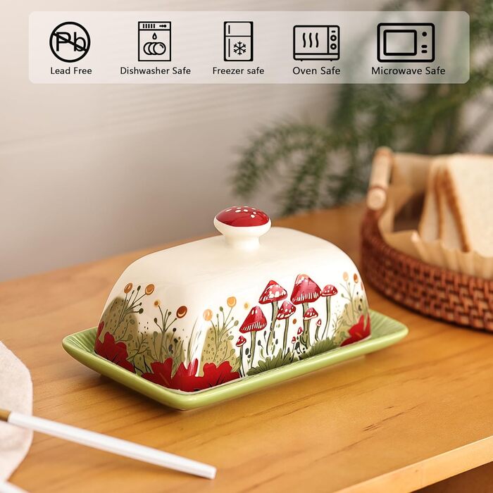 Fun Mushroom Butter Dish with Lid for Countertop - Ceramic, Red Mushroom Butter Container, Butter Tray, Large Butter Dish (White, Standard)