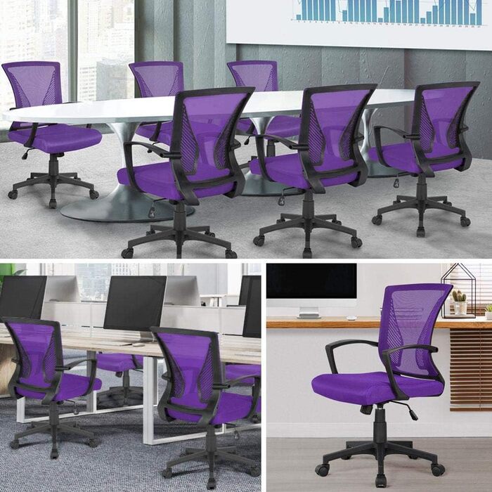 Офісне крісло Yaheetech ергономічне з сітчастою спинкою, регульоване, з підлокітниками, для офісу та дому, 136 кг, фіолетовий