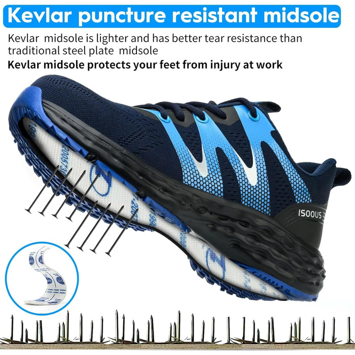 Черевики робочі ISOOUS для чоловіків та жінок. Безпекові черевики з металевим капаком, антиковзаючі, дихаючі, спортивного стилю (47 EU, Синій)
