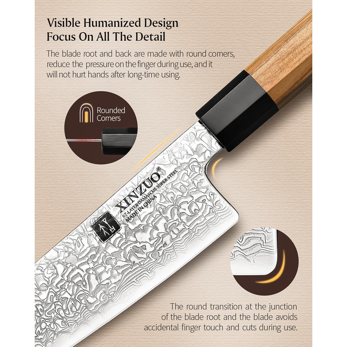 Японський ніж Kiritsuke XINZUO з дамаської сталі, 21.5 см, Gyuto, ручка з оливкового дерева та чорного рогу буйвола, ручна робота, з піхвою