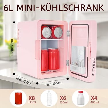 Холодильник міні 6л - портативний холодильник 12V/230V з LED-підсвіткою та дзеркалом для косметики та догляду, рожевий