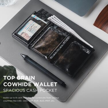 Портмоне для карток VULKIT RFID з захистом, з натуральної шкіри, з відділенням для грошей, віконцем для посвідчення та відділенням для монет, на магнітній застібці (Industrial Metallique Texture, Чорний)