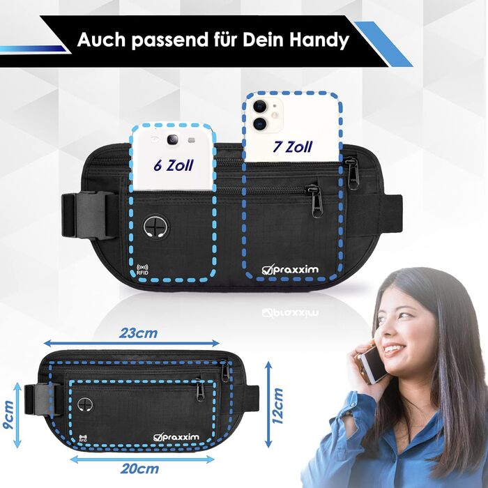 Поясна сумка для чоловіків та жінок - ЕКСТРА ПЛАСКА - для телефонів до 7 дюймів - ідеальна для спорту, подорожей та бігу. Чорна, стильна
