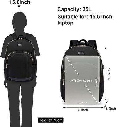 Рюкзак шкільний YIORMIOR для підлітків, чоловіків та жінок, 35L, USB-порт для зарядки, 15.6 дюймів, чорно-золотий