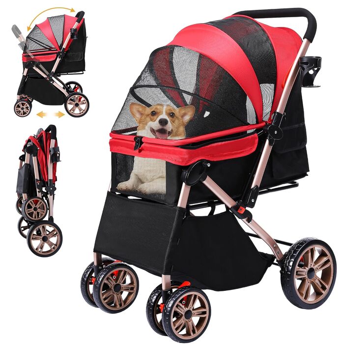 Візок для собак DWVO 3-в-1: візок, переноска, сумка. До 22 кг, EVA-колеса, відкидний кошик, сітчасті вікна, 58.5x76x105 см. Червоний колір
